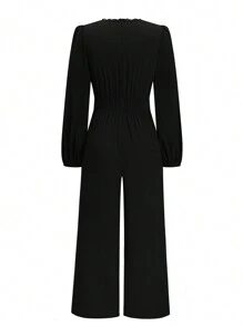 SHEIN Clasi Plus Size Minimalist Contrast Lace Wide Leg Jumpsuit With Long Sleeves - Black - View 2