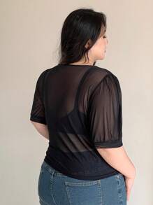 Dazy Plus Plus Size Women's Round Neck Mesh See-Through Short Sleeve Crop Top, Spring/Summer - Black - View 2