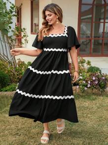 SHEIN LUNE Wave-Patterned Contrast Color Flowy Ruffle Sleeve Long Dress, Plus Size Boho Cowgirl Outfit Old Money Festival Bohemian Western Wear Women Hippie Summer Boho Old Money Summer Outfits For Women Spring Break Rave Outfits Festival Spring Break Outfits - Black and White - View 1