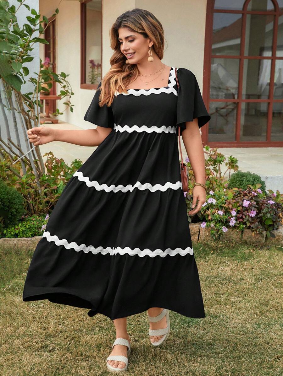 SHEIN LUNE Wave-Patterned Contrast Color Flowy Ruffle Sleeve Long Dress, Plus Size Boho Cowgirl Outfit Old Money Festival Bohemian Western Wear Women Hippie Summer Boho Old Money Summer Outfits For Women Spring Break Rave Outfits Festival Spring Break Outfits - Black and White - View 1