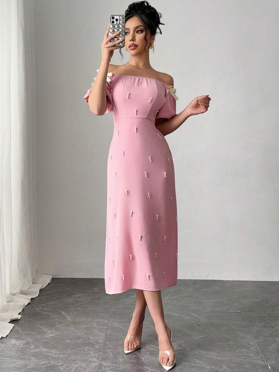 Rafferiza Elegant Off Shoulder Bow & Bubble Faux Pearl Decor Dress - Pink - View 1