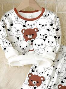 SHEIN Tutina casual comoda da bambino con stampa di orsacchiotto, stile minimalista, morbida e avvolgente, collo equipaggio, maniche lunghe, adatta per l'autunno e l'inverno