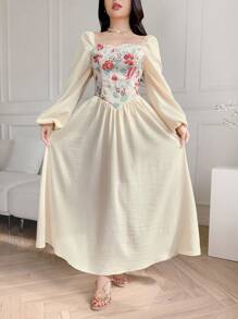 Feyla 女士优雅提花拼接泡泡袖阿拉伯风格连衣裙