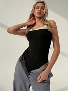 Aloruh New Elegant Lace Splicing Contrast Color Sexy Spaghetti Strap Bodycon Bodysuit - Black - View 5