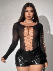 Viva Relle Plus Size Women Black Hollow Out Bikini Inner Shirt, Sexy Revealing Lingerie - Black - View 4