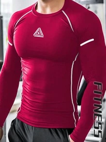 Manfinity Running Men's Slim Fit Contrast Trim Round Neck Long Sleeve Athletic T-Shirt - Red - View 1