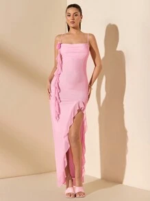 SHEIN BAE 女士春季浪漫约会和派对粉色连衣裙，带荷叶边饰边、系带肩带、高开衩细节，非常适合情人节 - 粉色 - 查看 3