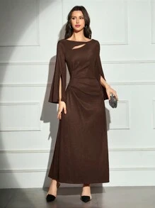 Modelyn 女士纯色长袖褶皱简约修身休闲连衣裙长款晚礼服 - 咖啡棕 - 查看 4