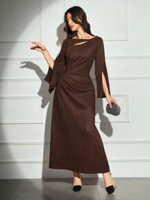 Modelyn 女士纯色长袖褶皱简约修身休闲连衣裙长款晚礼服 - 咖啡棕 - 查看 5