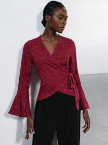 Aveloria Modichic Blusa de manga larga con cuello en V ajustada, mangas abullonadas y lazo lateral para mujer