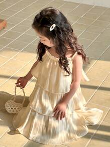 DAZY Vestido elegante de niña con tirantes de espagueti y pliegues de unicolor, conjunto de ropa de verano para niñas