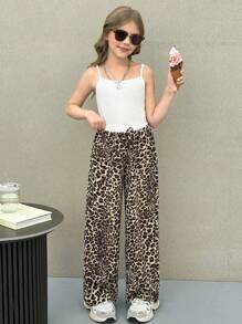 SHEIN Tween Girls Casual Streetwear Knit Camisole + Leopard Print & Ditsy Floral Wide Leg Pants 2 Pieces Set - Multicolor - View 3
