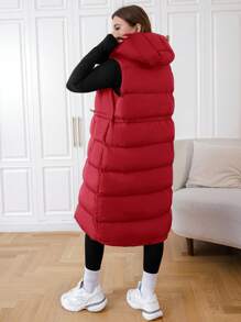 SHEIN PETITE CURVE Plus Size Plain Front Zipper Sleeveless Pocket Minimalist Hooded Winter Jacket - Red - View 2