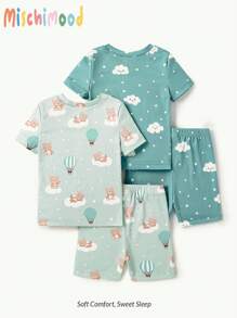 4 件装男婴舒适云朵和熊印花绿色短袖上衣和短裤套装，紧身衣家居服，适合夏季 - 綠色 - 查看 2