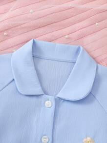 1 Conjunto de Top de manga larga tejido en azul claro, pantalones y cuello con bordado de flor amarilla para niñas, vestimenta casual cómoda