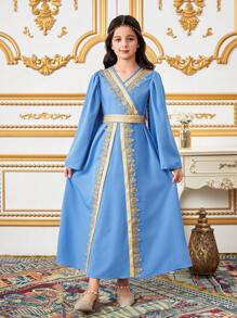 Vestido de manga larga con acento floral y borde azul y dorado elegante y tradicional para niñas preadolescentes, con cinturón dorado, para vacaciones, verano y viajes