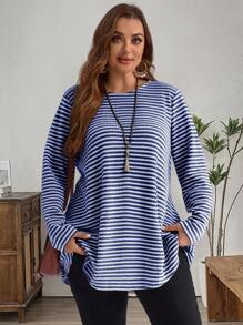 EMERY ROSE 大码外出上衣女士休闲条纹印花长袖宽松 T 恤，女士冬季服装