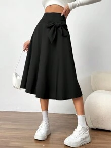 Elegant Minimalist Black Woven Skirt With Detachable Bow Decoration For Teenage Girls, High Waist Design Suitable For Spring And Summer, Versatile To Match Blouse, T-Shirt, Polo Shirt, Great For Valentine's Day,Holiday,Summer,Travel - Black - View 6