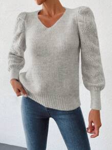 SHEIN Cottnline Gigot Sleeve Ribbed Knit Sweater - Beige - View 4