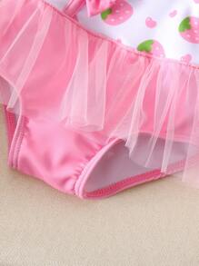 Newborn Strawberry Print Princess Style One-Piece Swimsuit, Pink - Baby Pink - View 7