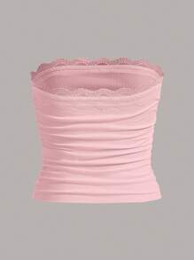 Sweetina Summer Going Out Lace Ruched Bow Front Tube Pink Top - Baby Pink - View 2