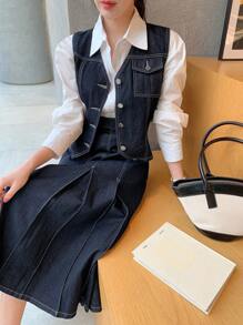 DAZY 女士牛仔外套+牛仔裙两件套 - 深色水洗藍 - 查看 2