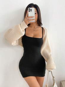 SHEIN EZwear 女式黑色休闲单件罗纹针织蝙蝠袖耸肩开衫秋冬款 - 杏色 - 查看 5