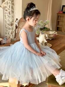 DAZY Young Girl Elegant Solid Color Mesh Patchwork Dress,Girls Summer Outfits - Blue - View 7