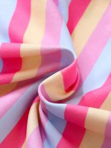 SHEIN Baby Girl Infant Toddler 0-3Y Spring/Summer New Cute Cartoon Bow Kitten Colorful Striped Crew Neck Tee Shirt Top, Versatile Casual - Multicolor - View 3