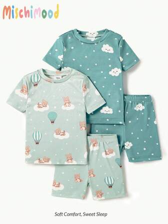 4 件装男婴舒适云朵和熊印花绿色短袖上衣和短裤套装，紧身衣家居服，适合夏季