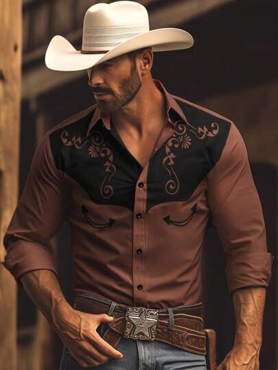 Manfinity Nomadique 男士牛仔植物印花长袖单排扣休闲西式衬衫，秋季