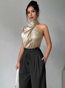 Firerie 女士金色优雅通勤领衬衫，不对称无袖上衣，适合春季、夏季、秋季，适合日常、通勤、派对、返校、婚礼季节、表演服装 - 金色 - 查看 4