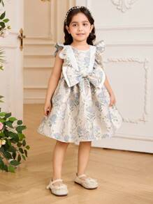 SHEIN Glamorique Kids Flower Girl Birthday Party Wedding Occasion Dress, Girls' Floral Embroidered Bowknot Puffy Sleeve Mesh Tulle Formal Party Dress, Suitable For Special Events, Stage Performance, Photo Shoots, All Seasons Including Easter - Blue - View 4