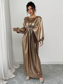 Calvaya Vestido ajustado elegante y sexy de mujer con cuello redondo, manga larga, plisado en la cintura y unicolor