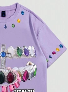 ROMWE MEN Goth Men's Casual Short Sleeve T-Shirt With Cross & Rhinestone Print