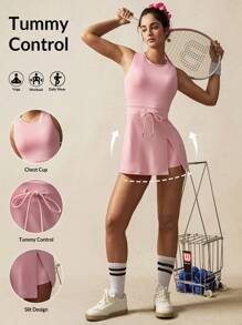 Menodora SHEIN Sport Round Neck Sleeveless Slit Waist Mini Women Active Athletic Dresses - Baby Pink - View 9