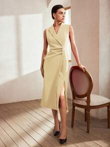 MOTF PREMIUM VÁY DỆT CỔ KIM LOẠI KHÔNG TAY CHO NỮ - Màu be - Xem 9