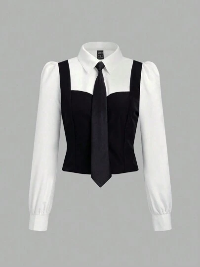 Sweetra Top De Camisa De Manga Abullonada 2 En 1 Con Bloques De Color