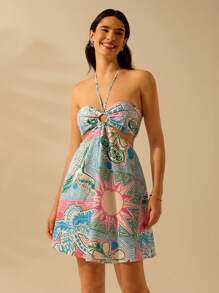 CAJUNI Women's Vacation Bohemian Tropical Flowers, Parrots, Coconut Trees, Green Versus Pink Print Halter Cut Casual Beach Summer Dress