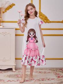 SHEIN Leap Crew 青少年女孩可爱卡通女孩花卉印花圆领盖袖宽松针织睡袍，适合家居服和户外穿着，深玫瑰印花，斋月假期 - 粉色 - 查看 1