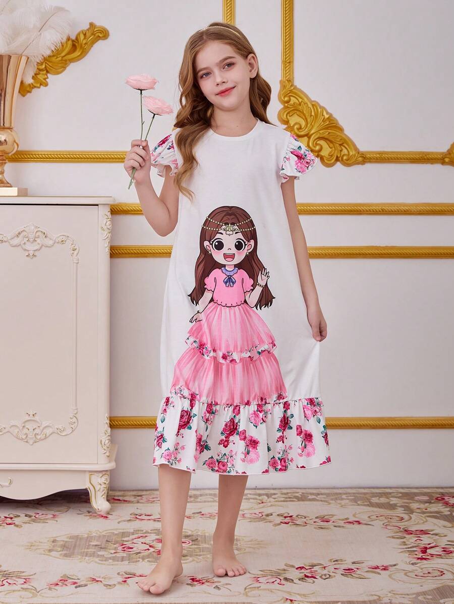 SHEIN Leap Crew 青少年女孩可爱卡通女孩花卉印花圆领盖袖宽松针织睡袍，适合家居服和户外穿着，深玫瑰印花，斋月假期 - 粉色 - 查看 1