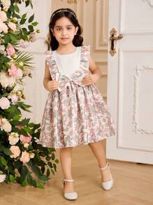 Glamorique Kids Young Girl Round Neck Floral Print Dress With Bow Decoration