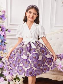 SHEIN Tween Girl 翻领泡泡袖拼布花卉图案优雅 A 字裙，紫色 - 彩色 - 查看 5