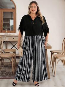 SHEIN CURVE+ Plus Size Women 2 Pieces Set Black V-Neck Short Sleeve Top And All-Over Printed Pants, Casual Holiday Outfit, Spring And Autumn,Holiday Outfits Boho