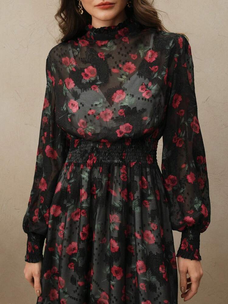 Stand Collar Long Puff Sleeve Cinched Waist Ditsy Floral Sheer Dress, Elegant Summer Vacation New Year Outfit