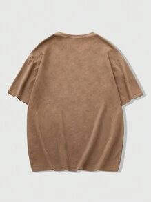 ROMWE MEN Street Life 男士绒面革宽松落肩短款纹理图案 T 恤，复古街头风格 - 棕色 - 查看 2