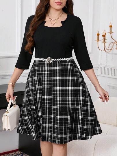SHEIN Clasi Plus Size Plaid Print Elegant Zipper Closure Dress
