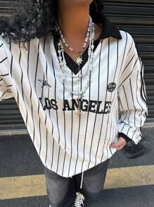 SHEIN EZwear Women's New Striped Letter & Number Print T-Shirt, Sporty Style