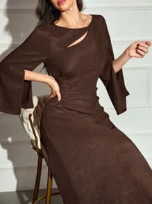 Modelyn 女士纯色长袖褶皱简约修身休闲连衣裙长款晚礼服 - 咖啡棕 - 查看 6