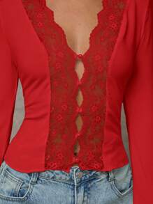 SHEIN BAE 冬季女装蕾丝性感长袖上衣女士开衫上衣、圣诞上衣 - 紅色 - 查看 3